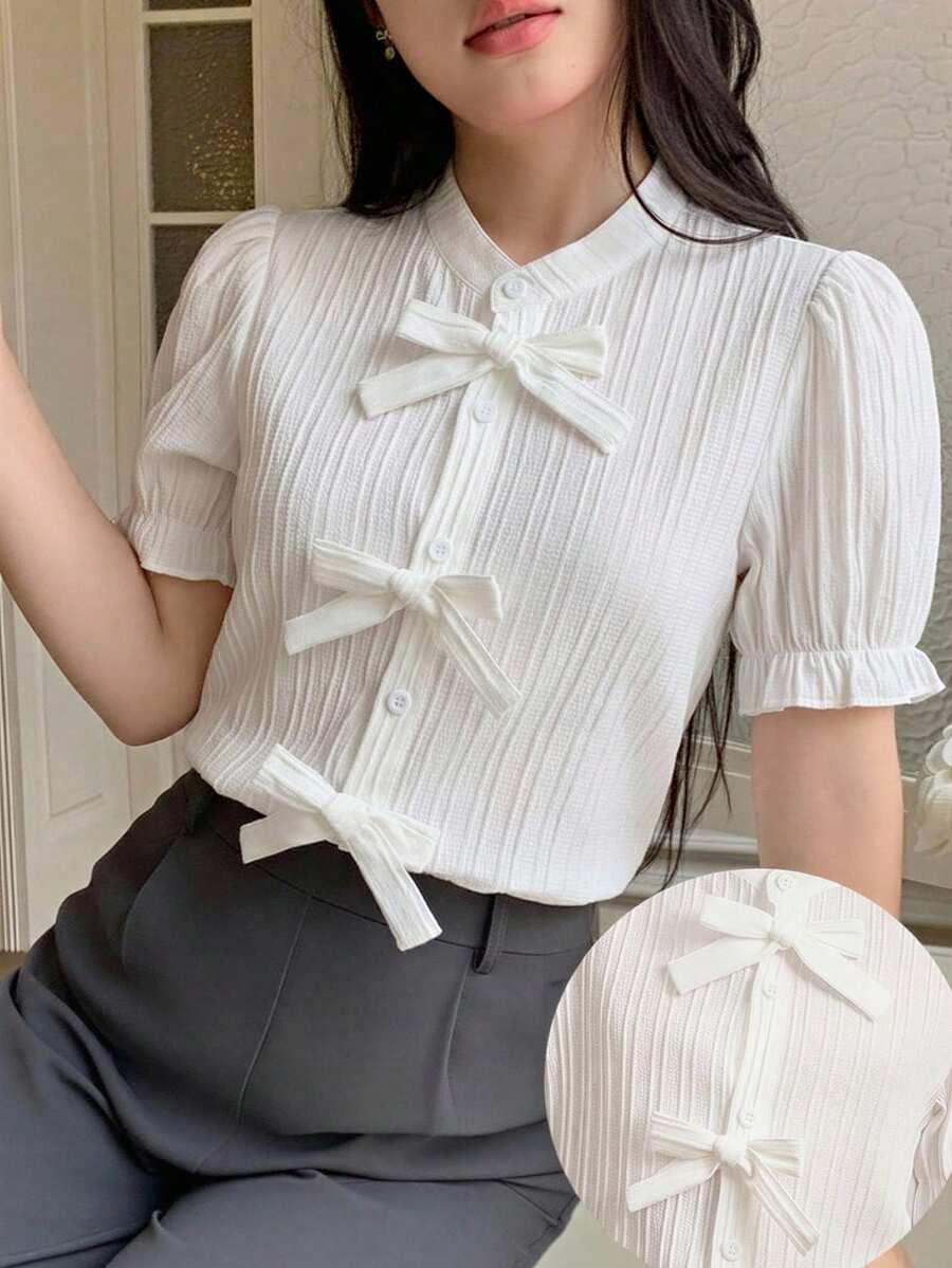 1pc Girls Elegant Polyester Blouse, Simple And Generous, Suitable For School, Commuting And Other Scenarios In Spring And Autumn - White - View 1