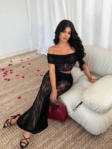 SHEIN SXY Black Lace Sexy Off-Shoulder Top & Semi-Sheer Pants Set - Black - View 4