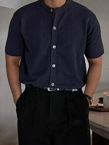 DAZY 男士纯色藏蓝色圆领针织开衫，夏季 - 藏蓝色 - 查看 6