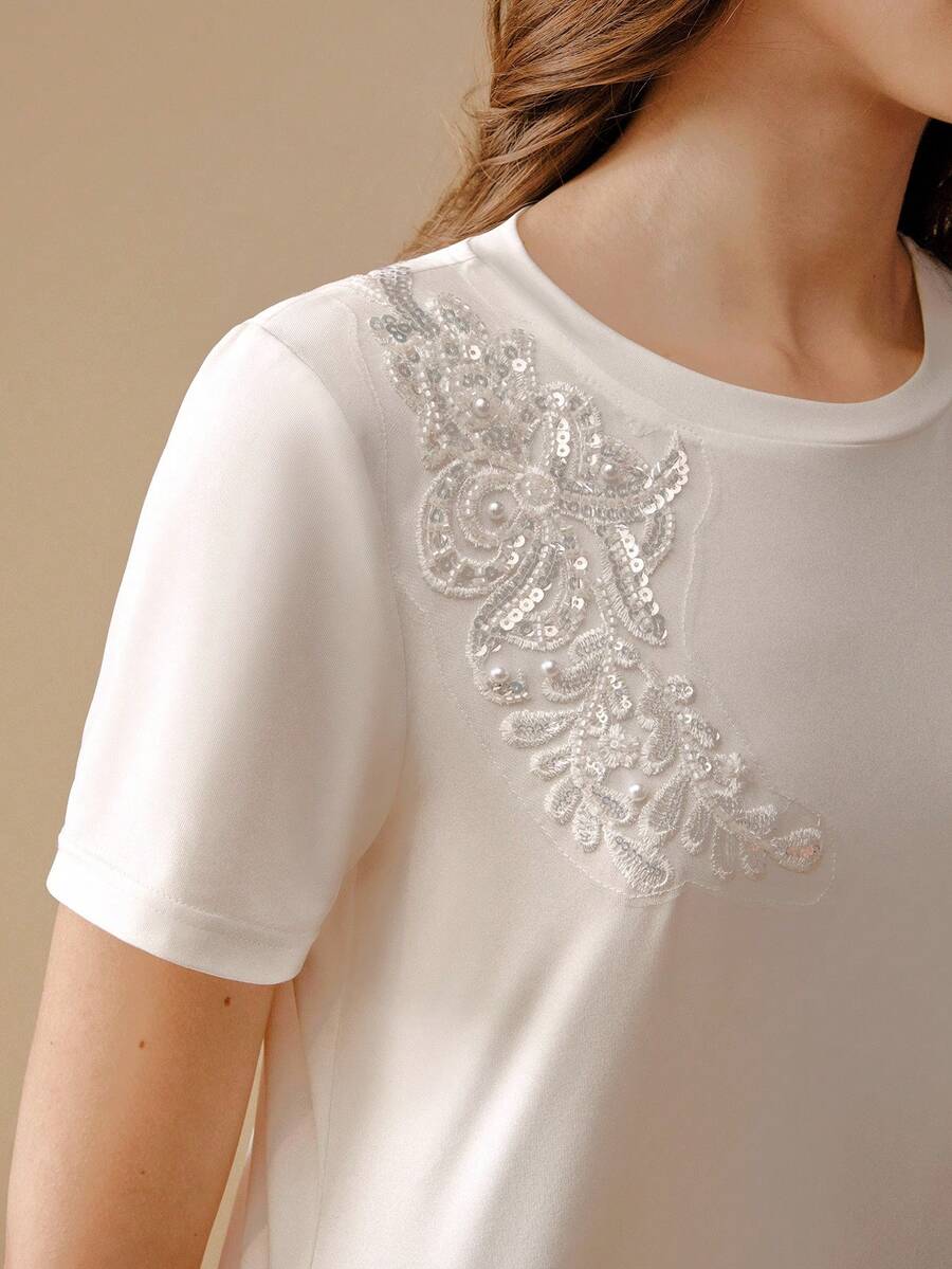 MOTF PREMIUM 撞色亮片修身T恤 - 白色 - 查看 2