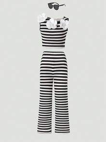 SHEIN 2件套少女针织条纹不对称肩部印花休闲T恤和打底裤套装 - 黑與白 - 查看 5