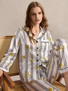 EverLounge Standard Size Women's British Style Printed Open Front Long Sleeve Pajama Set - White - View 5