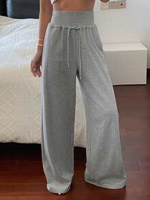 DAZY Women's Solid Color Loose Drawstring Elastic Waist Wide Leg Pants, Casual Sports Trousers For Spring & Autumn - Grey - View 8