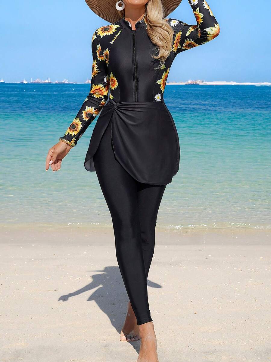 Swim Mulvari Set de 3 piezas de traje de baño burkini elegante para damas con mono de manga larga sólido y estampado de girasol, leggings y minifalda para primavera/verano - Negro - Ver 1