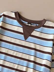 Muvela 春夏新款不规则条纹撞色圆领套头女式T恤，复古学院风Y2K千禧美学，适合休闲、办公、夏季度假、海滩、夜生活、派对、春假、情人节、狂欢节、优雅派对、英伦风、休闲、浪漫、生日、毕业、返校等场合，百搭、基础款、时尚、别致学院风，女士条纹长袖上衣 - 彩色 - 查看 6