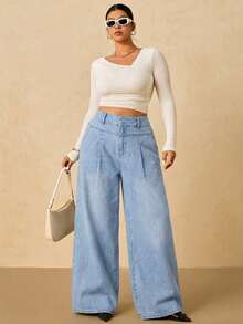 SHEIN Tall CURVE Plus Size Women High Waist Pleated Pocket Wide Leg Loose Casual Jeans - Light Wash - View 6