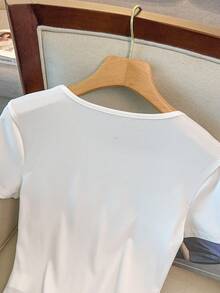 GlowEve Women's White Knitted Ribbed Twist Collar Short Sleeve Side Ruched Hem Slit Summer New Fashionable Commuter Versatile Elegant Daily T-Shirt - White - View 7