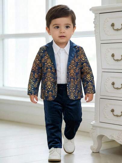 SHEIN 2 st/set babypojke vintage satin blommigt tryck färgblock långärmad jacka topp och byxor kostym, babypojke kostym, lämplig för vår/sommar, födelsedagsfest, gala, framträdande, bröllop, 1-månadersfirande, dop och 1-årsdag babyshower