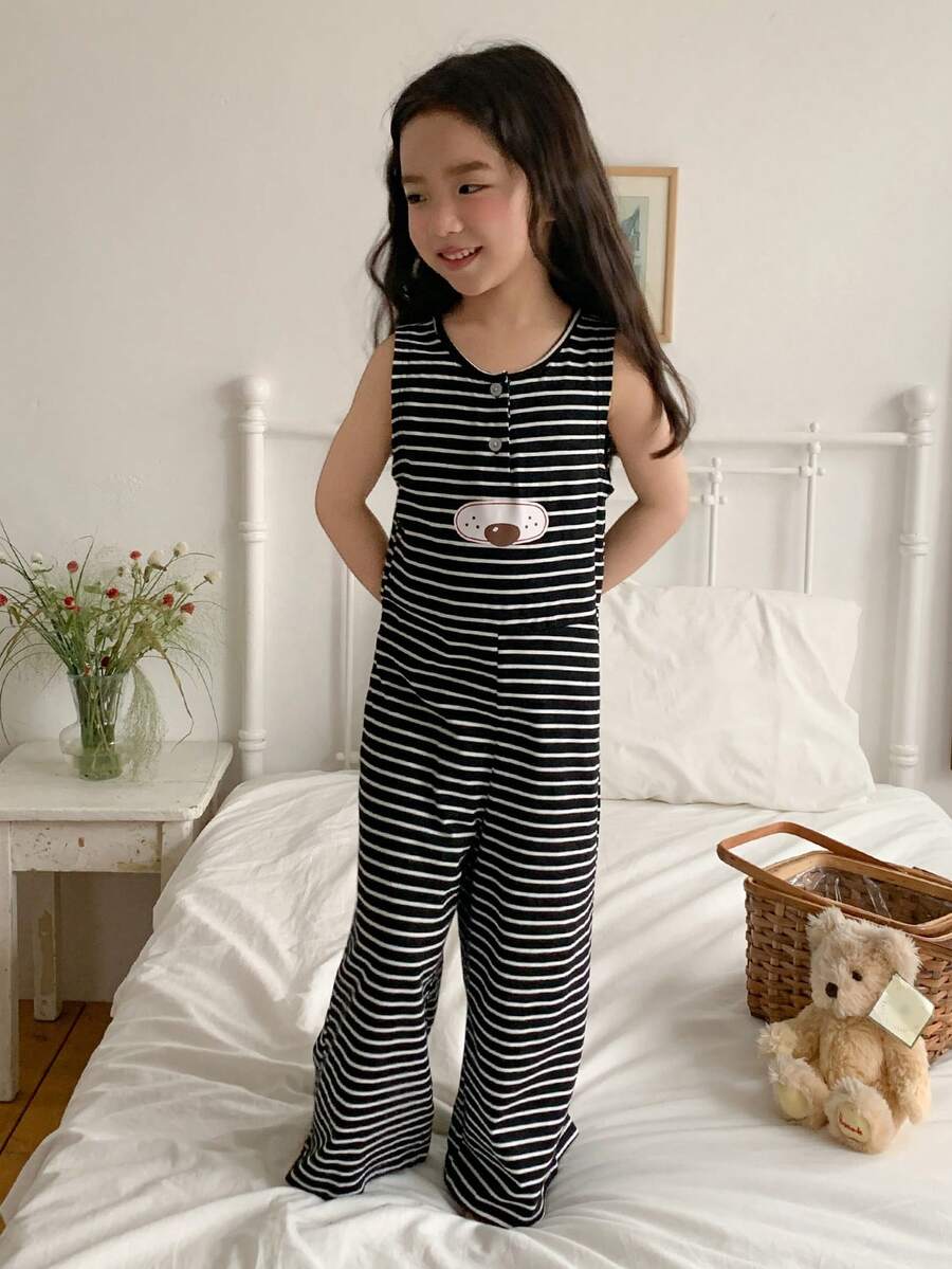 DAZY 女童条纹印花圆领休闲无袖连体裤家居服 - 黑與白 - 查看 1