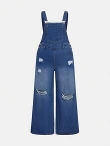 SHEIN MOD Plus Size Denim Overalls Spring Casual Overalls Ripped Straight Pants Casual Spring Overalls Y2K Outfit - Medium Wash - View 1
