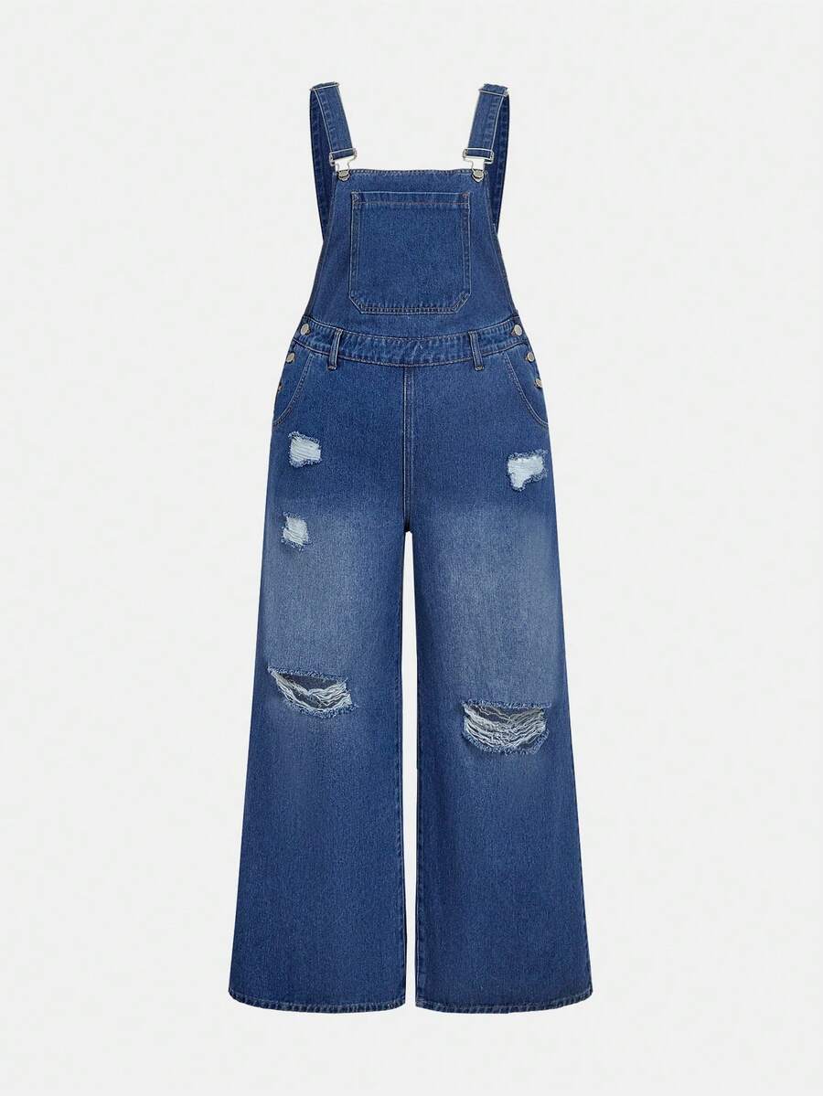 SHEIN MOD Plus Size Denim Overalls Spring Casual Overalls Ripped Straight Pants Casual Spring Overalls Y2K Outfit - Medium Wash - View 1