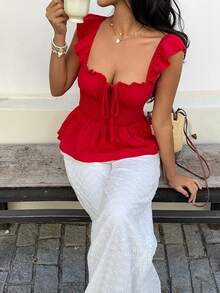 Sunnyshic 女士红色褶皱修身浪漫度假衬衫 - 紅色 - 查看 5