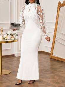 SHEIN Lady 大码女士优雅派对连衣裙，立领、灯笼袖、薄纱、3D贴花和鱼尾裙摆设计，适合春、夏、秋季穿着。 - 白色 - 查看 5