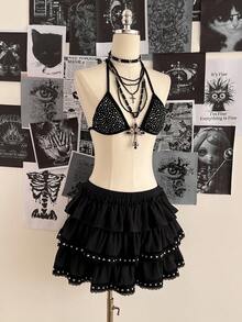 Attitoon Saia de Bolo Feminina com Três Camadas, Decoração de Rebite de Renda Estilo Vintage Casual, Forro Adequado para Vintage, Sexy, Fofo, Y2K, Coconut Girl, Boho, Oeste, Boêmio, Hippie, Festival de Música, Punk Retrô, Shibuya Gyaru - Preto - Visão 4