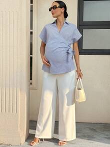 MaterniWear 孕妇条纹蝙蝠袖短袖侧系带休闲衬衫 - 藍色 - 查看 4