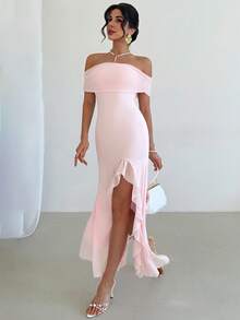 Firerie 女士优雅纯色露肩荷叶边修身连衣裙 女士粉色渐变色连衣裙 - 粉色 - 查看 7