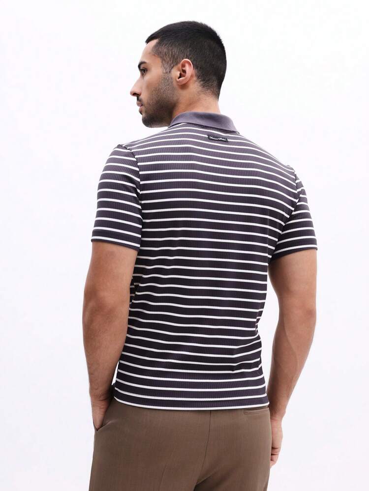 Striped Half Zip Polo Shirt With Ribbed Texture