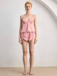 Ocili Bộ đồ ngủ nữ thoải mái, màu trơn gồm áo hai dây và quần short. - Hồng - Xem 3