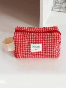 Red Grid Makeup Bag, Portable Quilted Checkered Toiletry Pouch With Large Capacity For Travel - Red - View 10