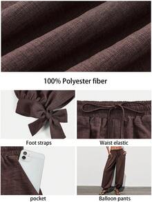 Maija 女士纯色抽绳腰带口袋休闲宽松哈伦裤，适合夏季假期、春季、情人节、沙滩、海滩、度假、夏季假期、女士度假、休闲裤、棕色裤子、宽松舒适的阔腿裤、圣帕特里克节女士复活节夏季复活节派对上衣夏季假期女士度假夏季外出毕业休闲 - 咖啡棕 - 查看 10