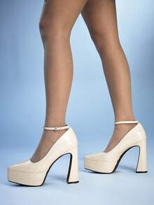 Sugerpunk Women's Sexy Thick Heel 12cm High Heels PU Material Summer Daily Wear Versatile Fashion Pointed Beige Thick Sole Waterproof Table High Heels Valentine's Day - Off-white - View 4