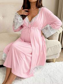 Slowluna 2件套孕妇撞色蕾丝睡袍和吊带裙哺乳套装 - 淺粉色 - 查看 6