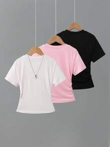 3pcs Girls' Bow Print Waist Short Sleeve T-Shirts, Grey, Pink And Black - Multicolor - View 2