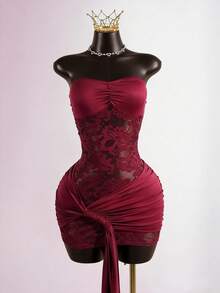 Lyxana Women's Tight Ruched Lace Bandeau Dress, Sexy Lace Sheer Bodycon Ruffle Hem Mini Dress, Suitable For Dates, Parties, Clubs, Holidays - Burgundy - View 1
