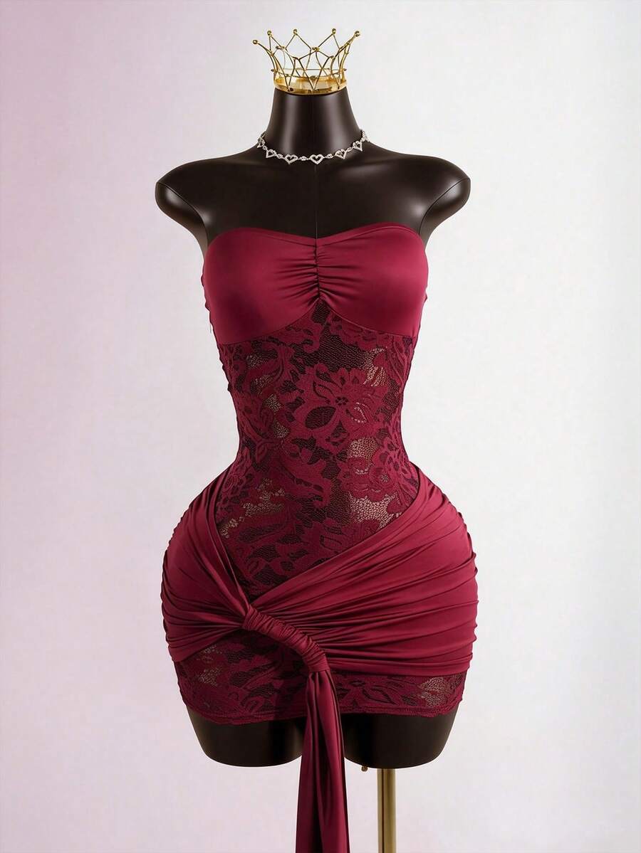 Lyxana Women's Tight Ruched Lace Bandeau Dress, Sexy Lace Sheer Bodycon Ruffle Hem Mini Dress, Suitable For Dates, Parties, Clubs, Holidays - Burgundy - View 1