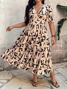 Breezaya Plus Size Women Geometric Print V-Neck Ruffle Sleeve Elegant Dress - Khaki - View 4