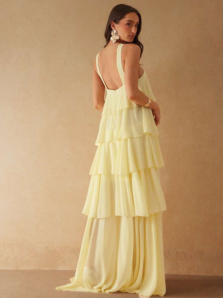 Silquee Vestido maxi elegante de mujer con volantes sin mangas y decoración floral de unicolor - Amarillo claro - Añade 1
