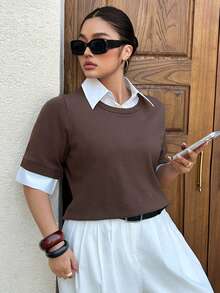 Dazy Plus Plus Size Solid Color Minimalist Short Sleeve Knit Top, Everyday Wear Summer - Brown - View 1