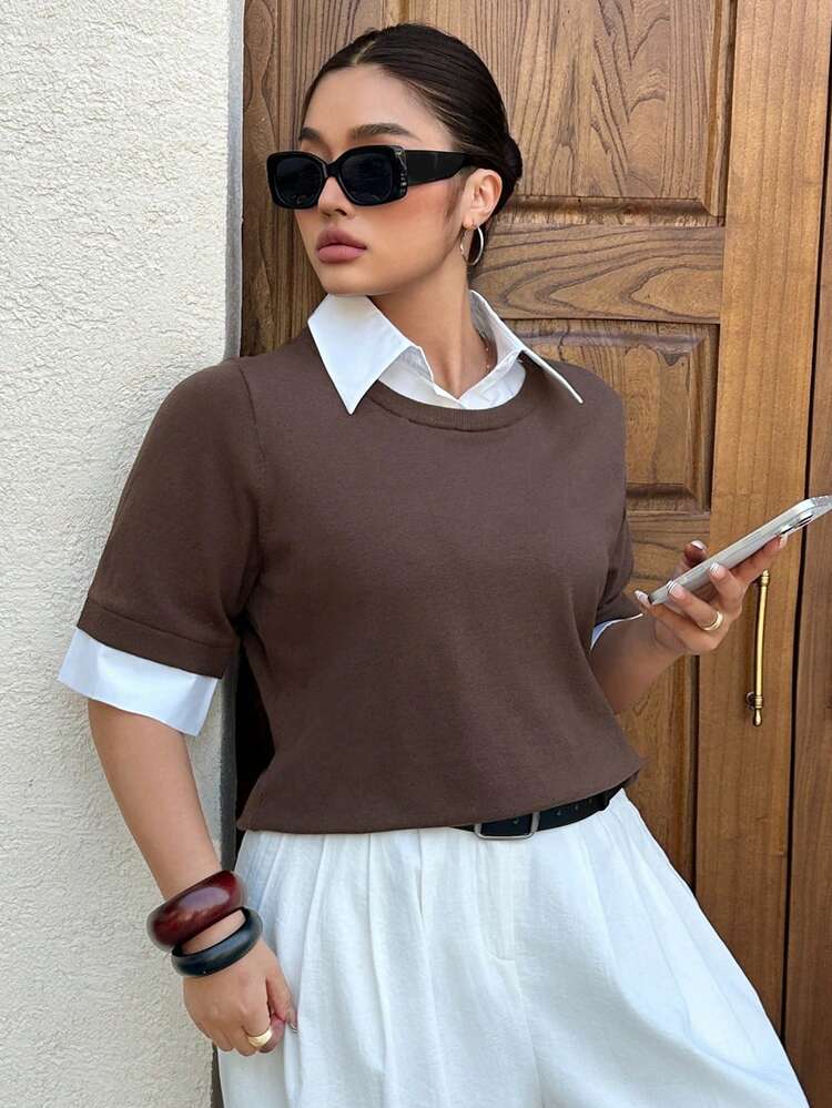 Dazy Plus Plus Size Solid Color Minimalist Short Sleeve Knit Top, Everyday Wear Summer