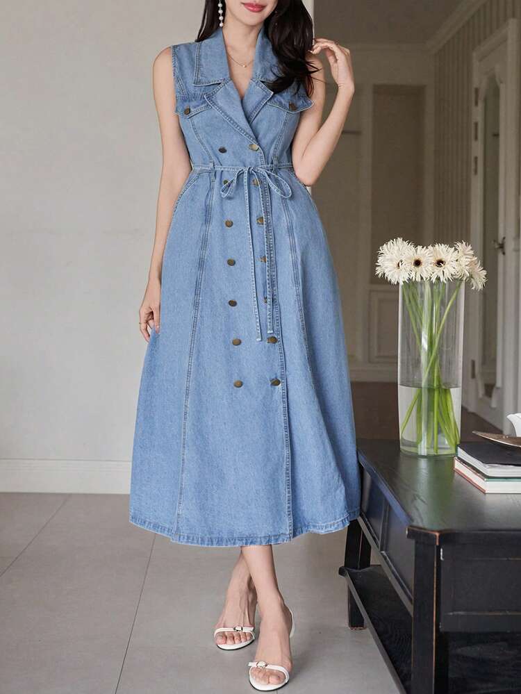 Women's Casual Washed Denim Dress With Lapel Collar And Belt, Sleeveless, Summer,Wedding Guest Dress Women Maxi Dress