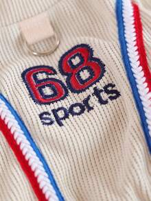 PETSIN 1件猫狗通用服装，“68 Sports”刺绣宠物运动服，撞色条纹圆领衫，带防滑D形环，春夏轻薄款 - 米色 - 查看 9