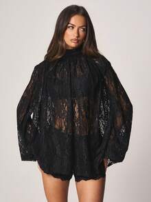 MISSGUIDED Black Lace High Neck Blouson Sleeve Blouse With Ruffle Trim And Sheer Overlay Design - Black - View 5