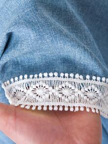 Rusticease 女士圆领蕾丝边休闲简约夏季衬衫 - 藍色 - 查看 6