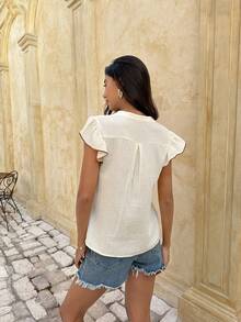 Serisse 女士V领花卉刺绣图案休闲百搭日常穿着荷叶袖衬衫 - 白色 - 查看 2