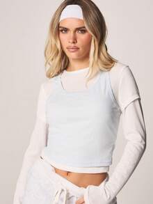 MISSGUIDED Layered Sheer Long Sleeve Crop Top With Contrast White Details Fall Winter Casual Fashion - Blue and White - View 4