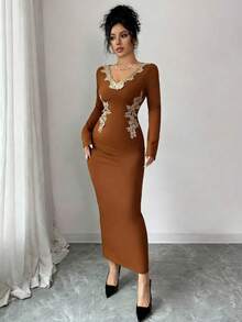 SHEIN Clasi Women's Elegant Brown Autumn Lace V-Neck Gold Trim Long Sleeve Bodycon Dress,Perfect For Parties,Dining,Dates&Daily Wear,Fitted Solid Color Maxi Dress - Brown - View 4