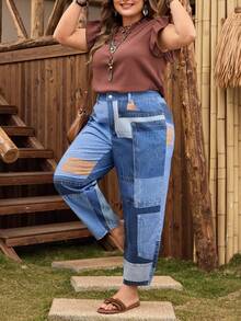 EMERY ROSE Quần Harem denim không co giãn màu xanh nhạt thoải mái, dáng rộng dành cho nữ cỡ lớn - Rửa nhẹ - Xem 5