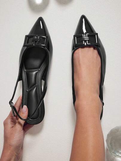 SHUZIA 女士尖头方扣亮面漆皮黑色露跟平底鞋 – 柔软舒适的鞋垫，精致光泽，轻松打造日常造型