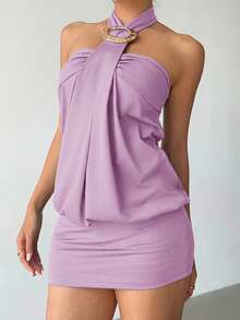Aloruh Women's Y2K Avant-Garde Sexy Bodycon Halter Metal Button Decor Mini Super Short Clubwear Dress, Black - Lilac Purple - View 5