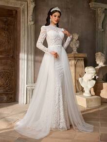 Aureia 极简白色法式刺绣蕾丝网纱拼接，立领长袖，塑身胸衣，A字裙摆，女士婚纱，正式礼服，晚礼服 - 白色 - 查看 6