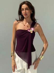 Aloruh Women's Vacation Style Ruched Bandeau Top, Romantic Purple Bohemian Fitted Pullover - Purple - View 5