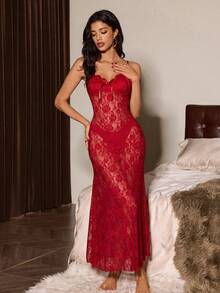Slumberist Women's Mature Sexy Lingerie Set, Super Long Mesh Robe And Lace Backless Slip Dress 2 Pieces Set Sexy 2piece Nightgown Lingerie Set With Robe Red Night Gown Long Lingerie Dress Spaghetti Strap Lace Night Gown - Burgundy - View 7