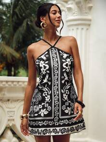 SHEIN Veneréa Summer Vacation Sexy Halter Backless Tie-Up Women Dress - Multicolor - View 5