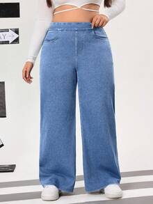 Flexra Plus Size Solid Color High Stretch Casual Straight Leg Versatile Daily Jeans - Blue - View 5