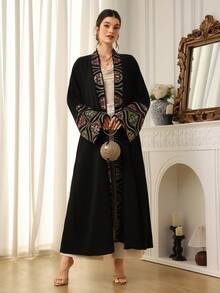Al Najma Women's Modest Elegant Embroidered Flare Sleeve Loose Arabic Abaya Robe - Black - View 4