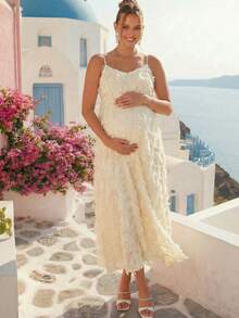 Loomaby 优雅孕妇派对纯色流苏吊带连衣裙 - 杏色 - 查看 4